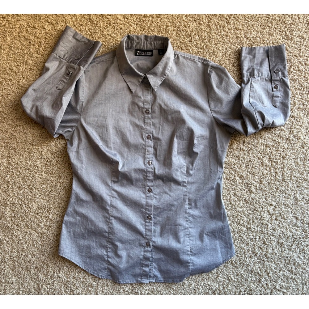 Z&CO Women's Gray Striped Button Down Shirt‎ Long Sleeve Stretch Size M